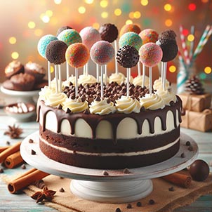 Una tarta de chocolate con cake pops pinchados en ella